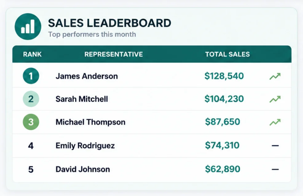 Gamified sales leaderboard ranking reps in real time